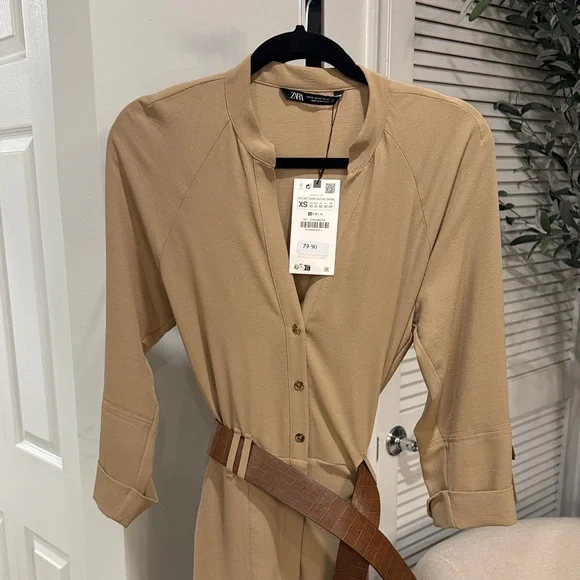 Zara Tan Wide Straight Leg Jumpsuit with Brown Croc Belt - Picture 5 of 10